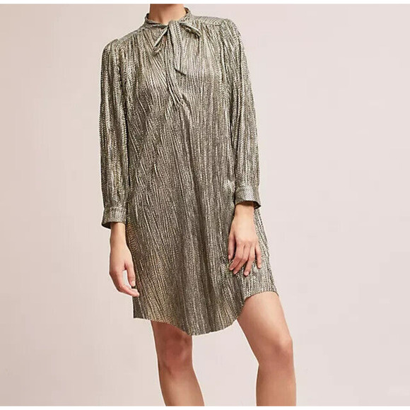 Anthropologie Sabina Musayev Tie Neck Shirt Dress Size XS Gold Metallic Shimmer - Picture 12 of 12